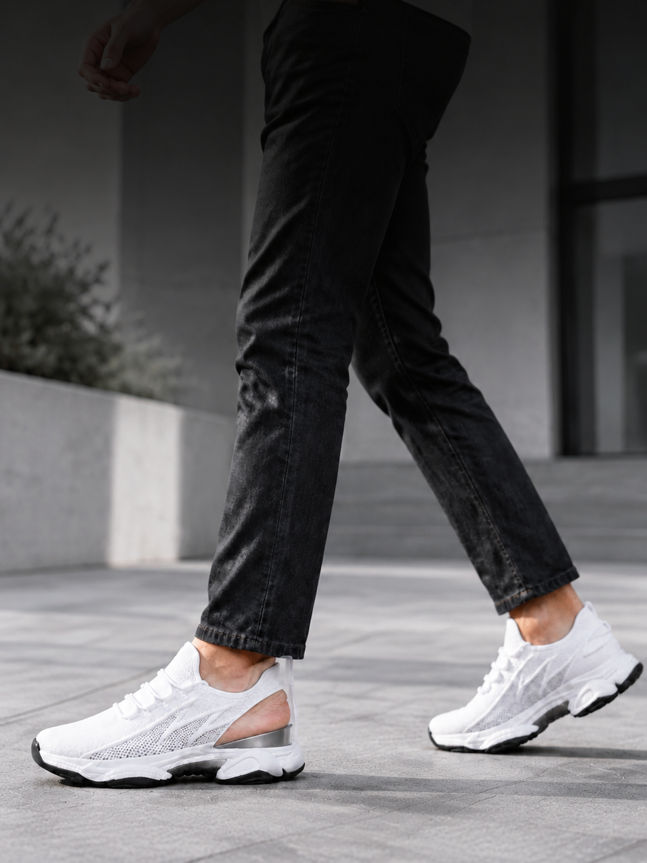 Basket blanche Via Celsa avec cale interne inclinée visible, chaussure rehaussante pour homme +6cm