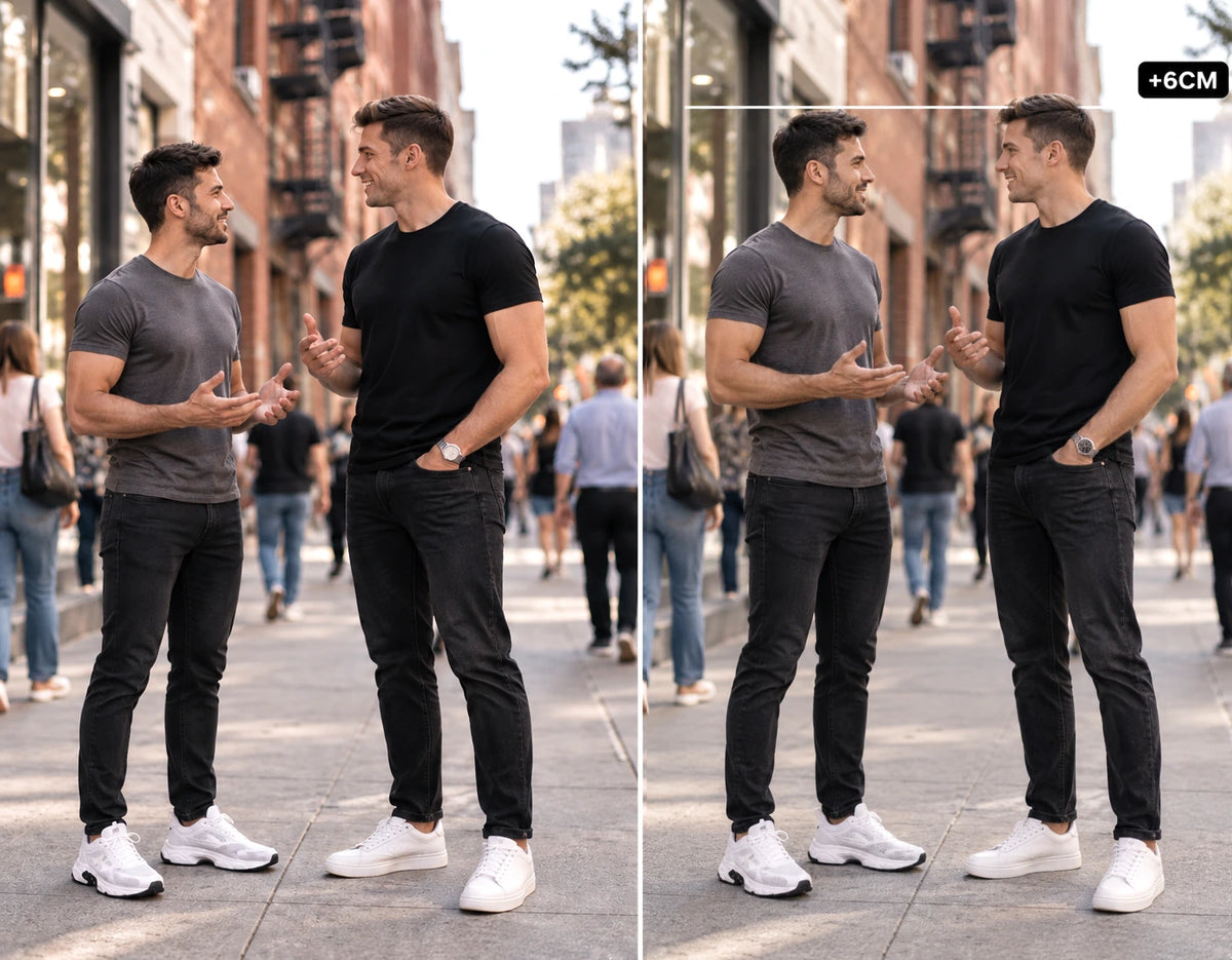 Deux amis dans la rue, écart de taille avant Via Celsa et taille similaire après Via Celsa