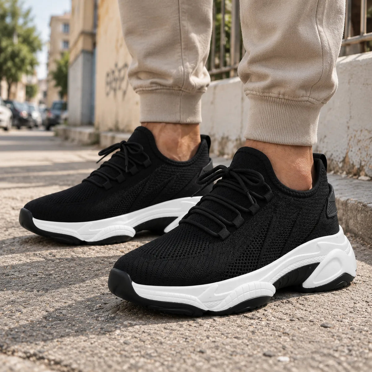 Basket noire Via Celsa portée dans un quartier résidentiel, sneaker rehaussante homme +6cm