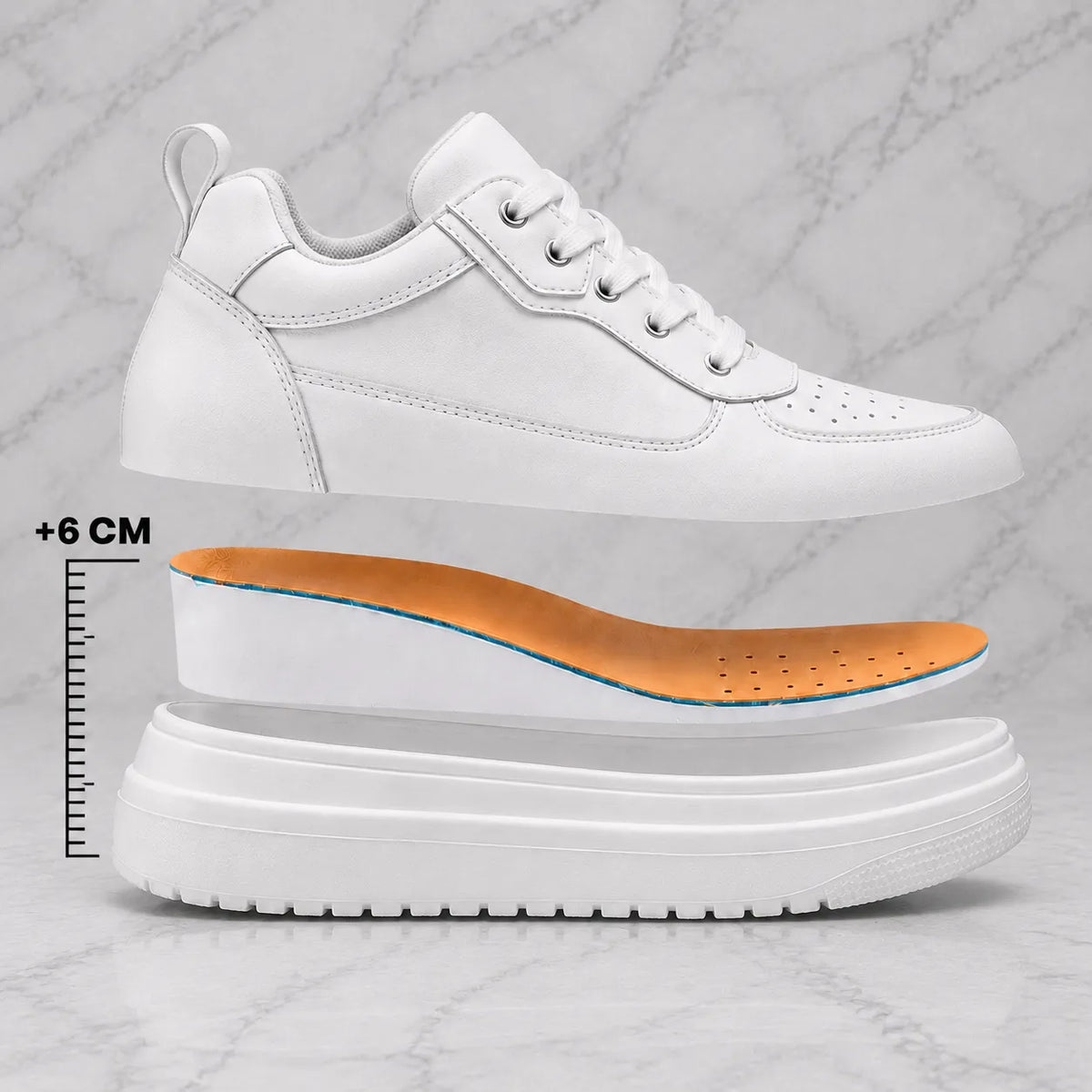 Vue éclatée de la sneaker Casual blanche Via Celsa montrant la semelle intérieure rehausseur +6cm