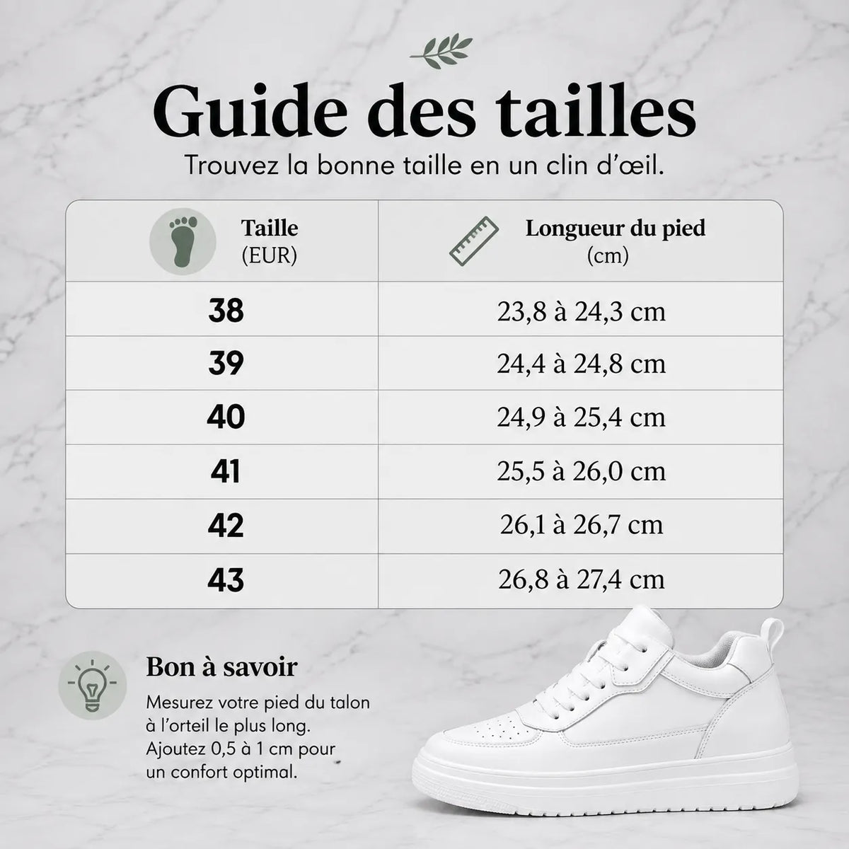 Guide des tailles sneaker casual blanche Via Celsa rehaussante homme +6cm